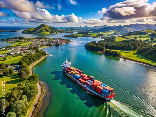 Container Ship Docking at Whangarei Port - Aerial Drone View of Maritime Activity, Harbour Logistics, and Scenic Coastal Landscapes in New Zealand