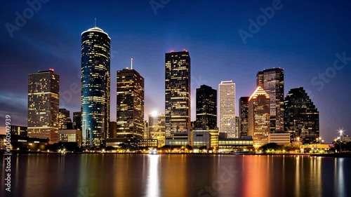 Stunning Houston city skyline at night, featuring skyscrapers reflecting on water, with vibrant lights creating lively urban atmosphere and showcasing beautiful architecture.