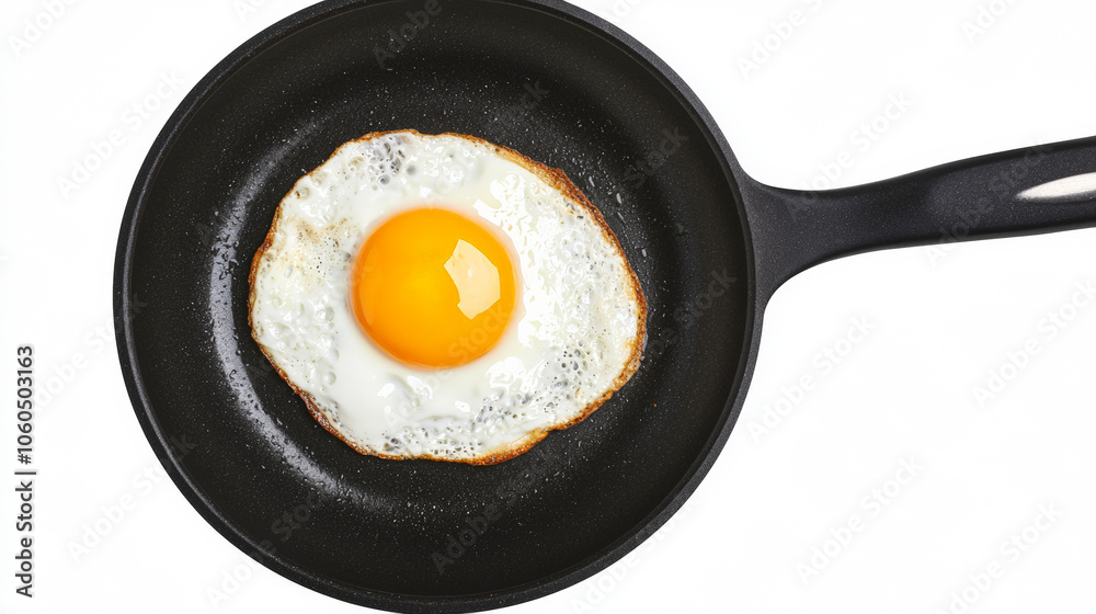 Top view of A perfectly cooked fried egg in a black skillet Top view of A perfectly cooked fried egg in a black skillet