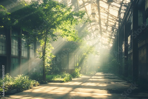 An urban farm integrated into an industrial complex with copyspace. Soft sunlight streaming through. City background. photo