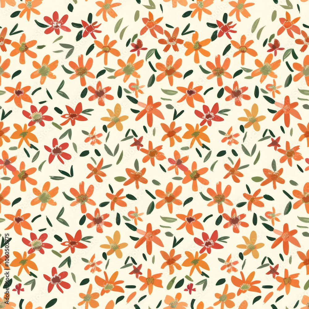 Bright and cheerful floral pattern featuring orange, red, and green flowers on light background, perfect for adding touch of nature to any design Bright and cheerful floral pattern featuring orange, red, and green flowers on light background, perfect for adding touch of nature to any design