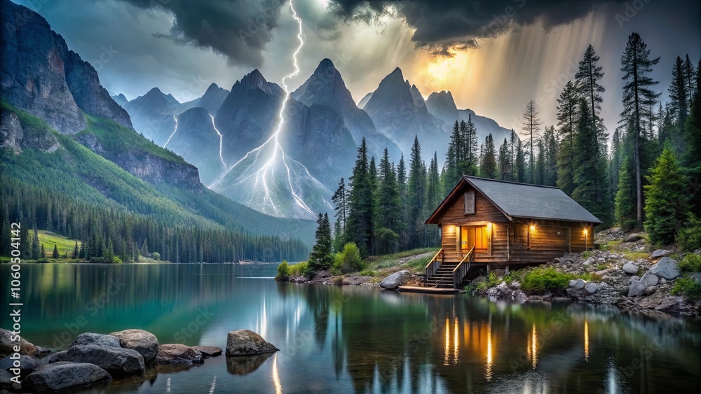Fototapeta premium A Serene Cabin Nestled Among Majestic Peaks, Bathed in the Golden Glow of a Dramatic Sunset, as a Lightning Bolt Illuminates the Sky Above the Still Waters of a Tranquil Lake