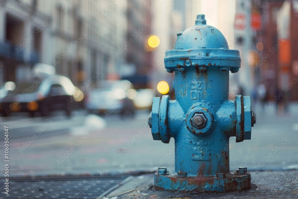 A fire hydrant on the street with bokeh and blurred city in background. Neural network ai generated art A fire hydrant on the street with bokeh and blurred city in background. Neural network ai generated art