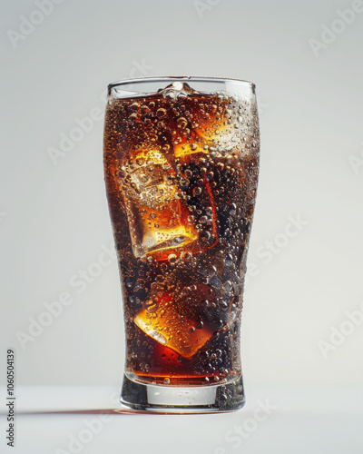 refreshing long drink glass filled with cola and ice cubes, showcasing bubbles and condensation, perfect for hot day