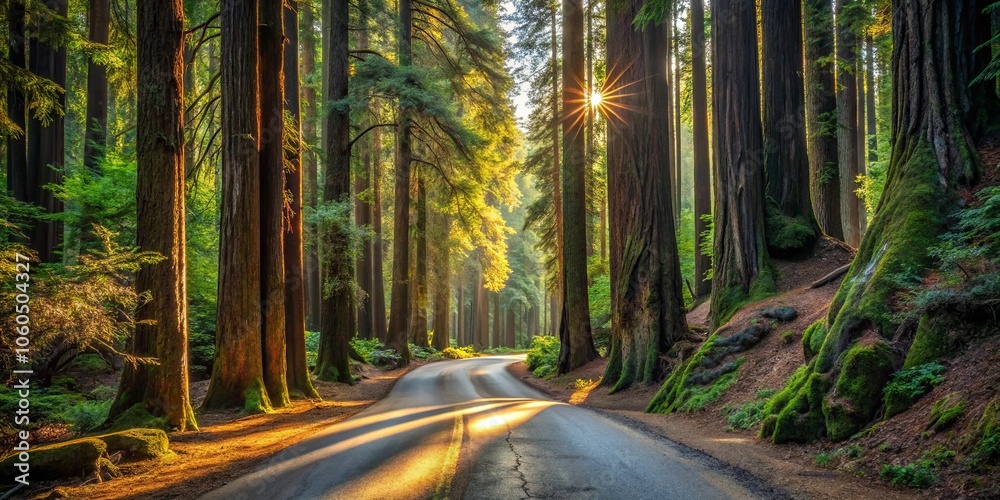 Fototapeta premium A winding road through a dense forest of tall trees, illuminated by a radiant sunbeam breaking through the canopy, casting a golden glow on the path ahead