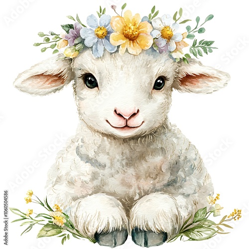 Cute Watercolor Lamb with Flower Crown.