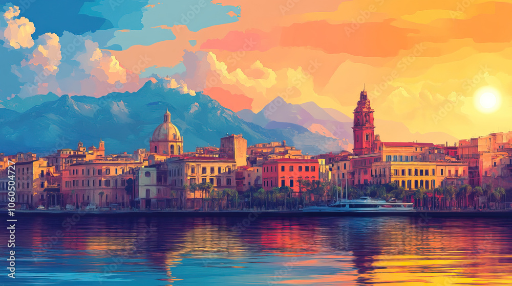 Obraz premium Palermo, Italy, Pop Art style theme print. Cityscape, city skyline.Vibrant, bright, modern, trendy, graphic designed for poster, card, wallpaper
