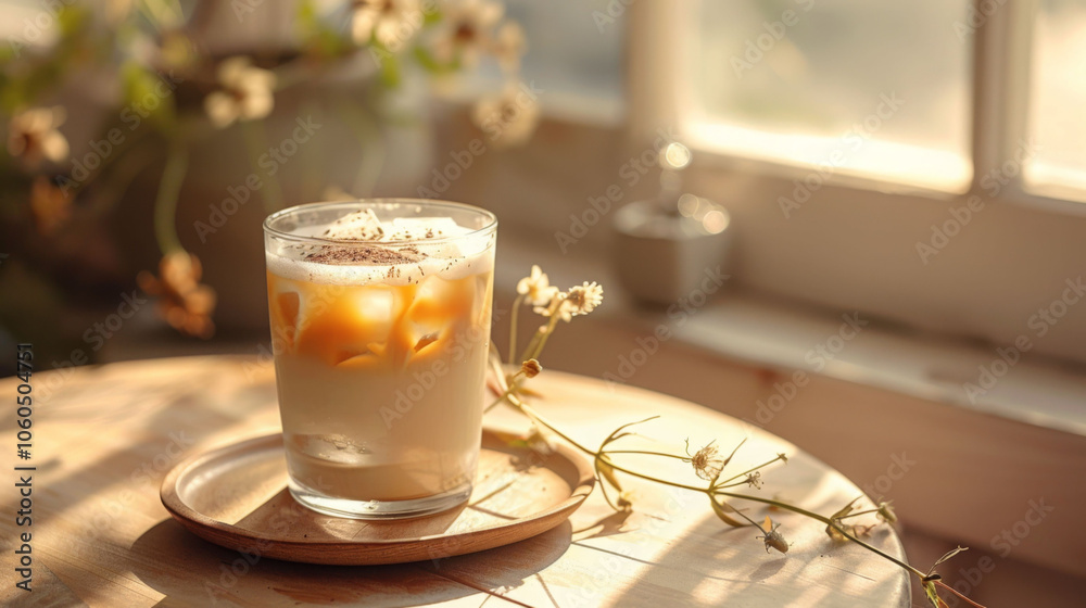refreshing iced latte sits elegantly on wooden table, surrounded by delicate flowers and bathed in warm sunlight, creating serene and inviting atmosphere refreshing iced latte sits elegantly on wooden table, surrounded by delicate flowers and bathed in warm sunlight, creating serene and inviting atmosphere