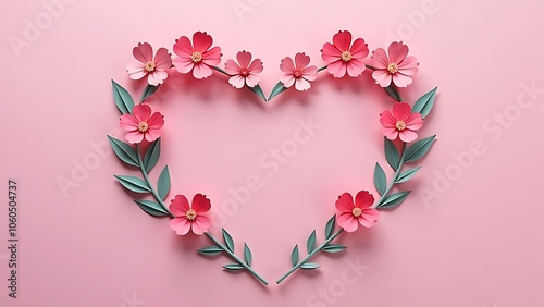 Paper flowers in heart shape, pink background