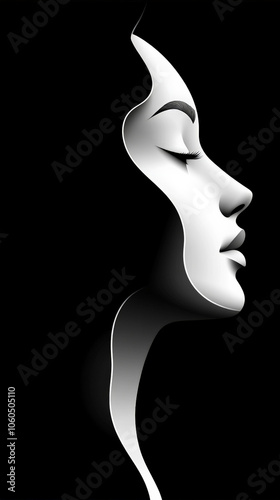 A female profile, three-dimensional, elegant, black and white silhouette, half-length portrait, vector, clean and simple