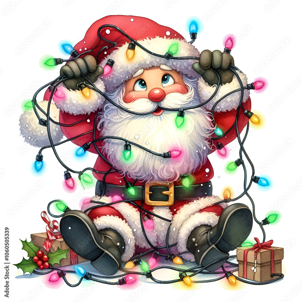 Merry Christmas, Watercolor Clipart of Funny Santa Tangled in Christmas Lights, isolated on a white background Merry Christmas, Watercolor Clipart of Funny Santa Tangled in Christmas Lights, isolated on a white background