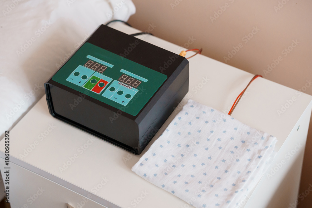 Medical Device on a Nightstand Next to a Blue Star-Patterned Cloth Medical Device on a Nightstand Next to a Blue Star-Patterned Cloth