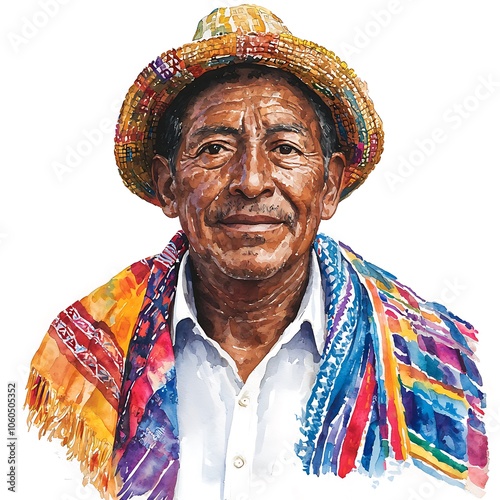 Watercolor Portrait of a Man Wearing a Traditional Woven Hat and Scarf.