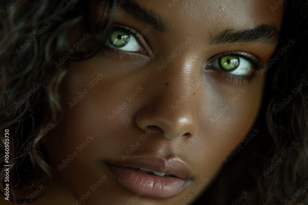 Amazing caribbean woman with curly hair and green eyes close up portrait. Neural network ai generated art Amazing caribbean woman with curly hair and green eyes close up portrait. Neural network ai generated art