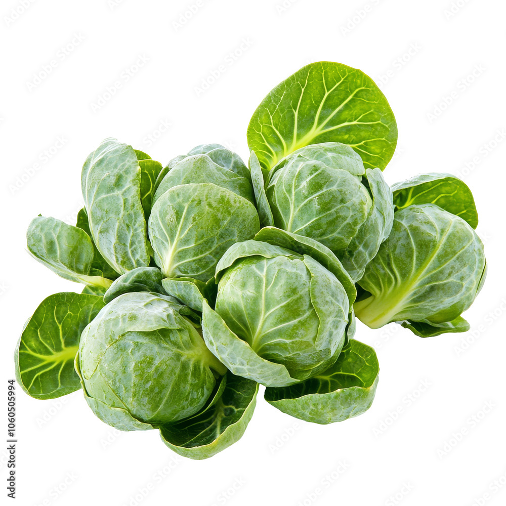 Fresh Brussels sprouts on a white background with green leaves, transparent Fresh Brussels sprouts on a white background with green leaves, transparent