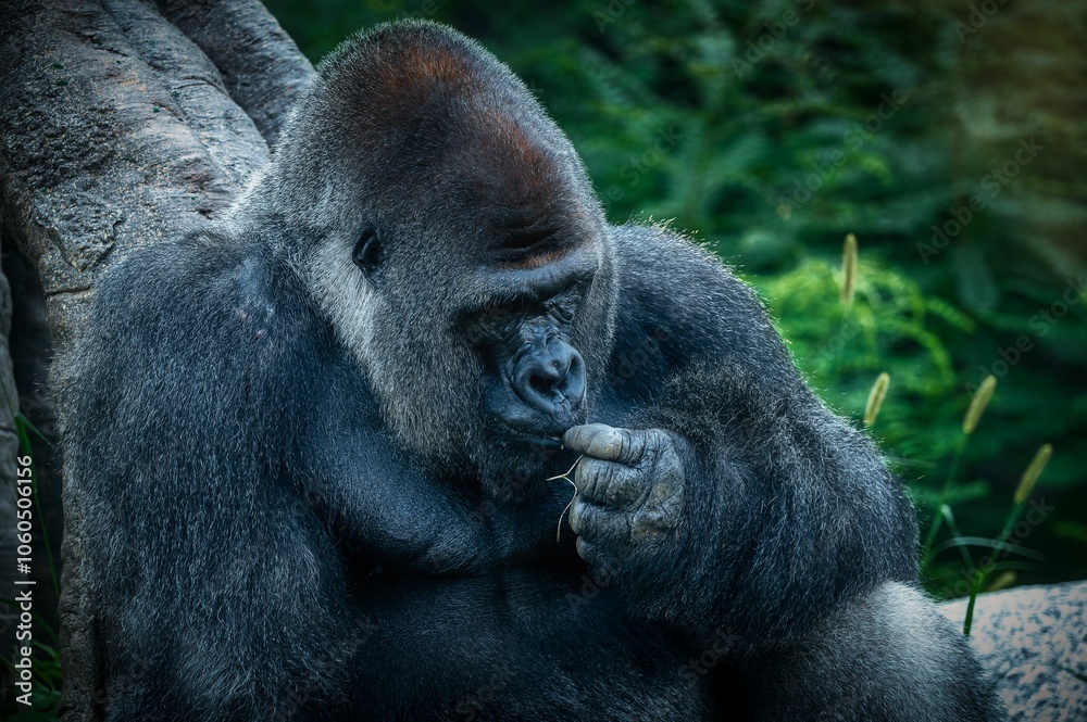 Obraz premium gorilla sitting against a rock and putting herb in its mouth, with a green blur background