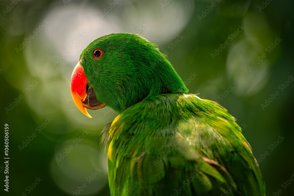 Closeup of a vibrant green macaw parrot perched in its natural habitat with a green bokeh background Closeup of a vibrant green macaw parrot perched in its natural habitat with a green bokeh background