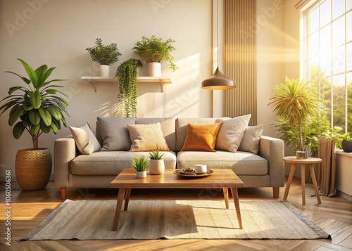 Cozy Relaxing Sofa Interior Design with Sunlight Reflection, Modern Home Decor, Warm Atmosphere, Comfortable Living Room, Stylish Furniture, Serene Ambiance, Natural Light, Chic Interiors