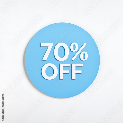 Top view of a light blue round paper note with bold white text reading "70% OFF", against a clean, blank white background