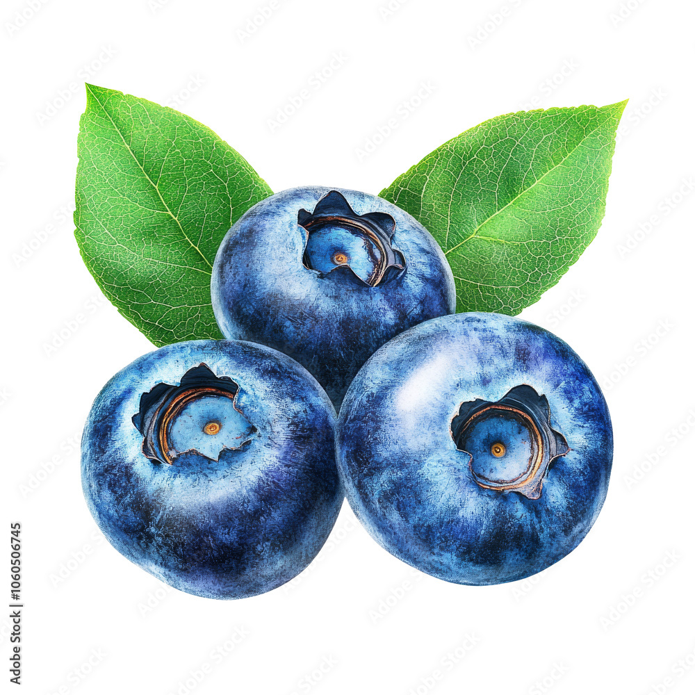 Obraz premium Fresh blueberries with leaves, healthy snack in natural setting, transparent