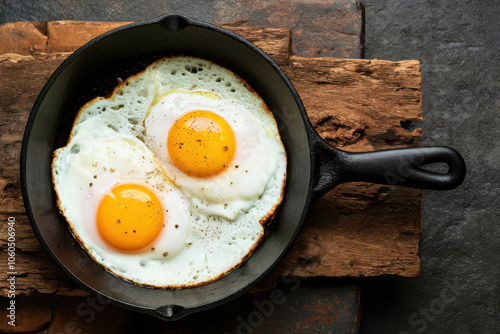 Fried eggs in black cast iron skillet on rustic wood