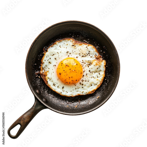 Fried egg in a cast iron skillet on a white background, transparent photo