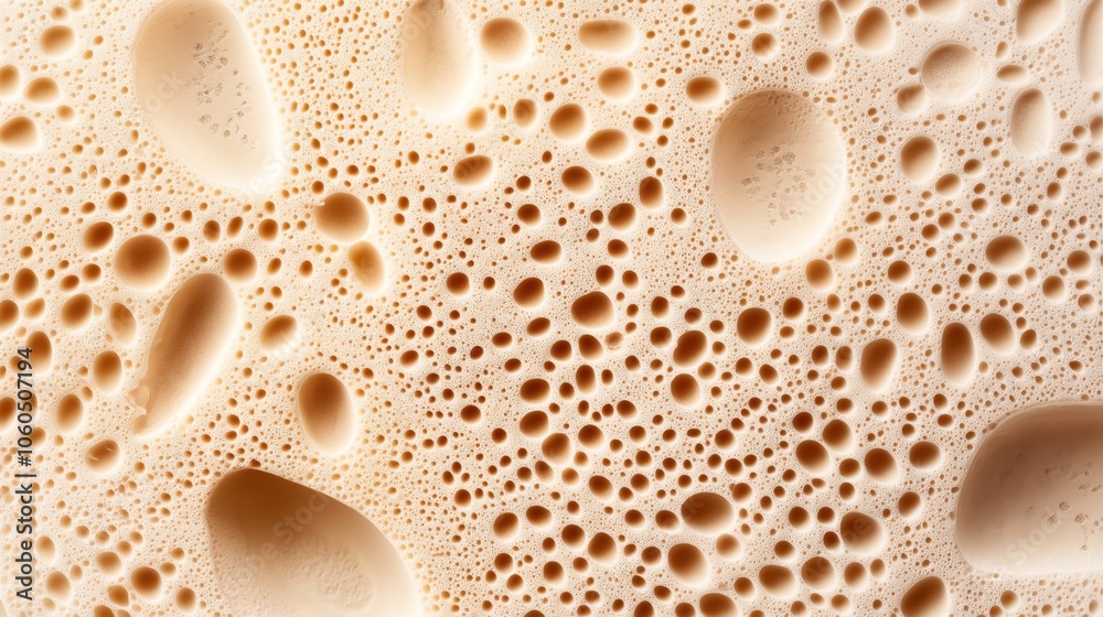 Close-up of bubbles and foam texture resembling a light brown surface, made from a liquid with numerous circular formations and shadows Close-up of bubbles and foam texture resembling a light brown surface, made from a liquid with numerous circular formations and shadows