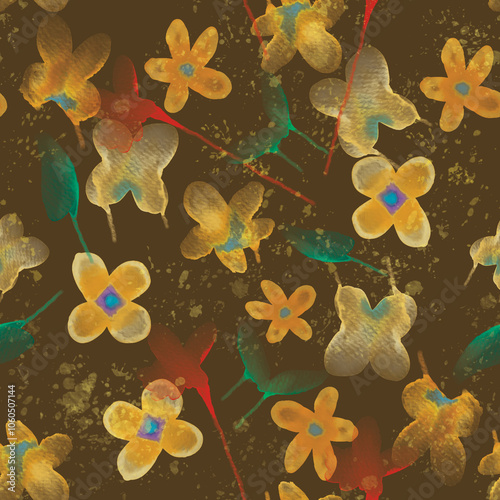 Hand drawn watercolor floral patterns. Design for fabric, textile, paper. Spring colorful vector illustration, fowers with leaves. Contemporary floral seamless pattern.