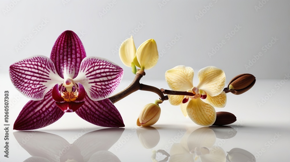 Naklejka premium Vanilla pods and orchid flower isolated on white background