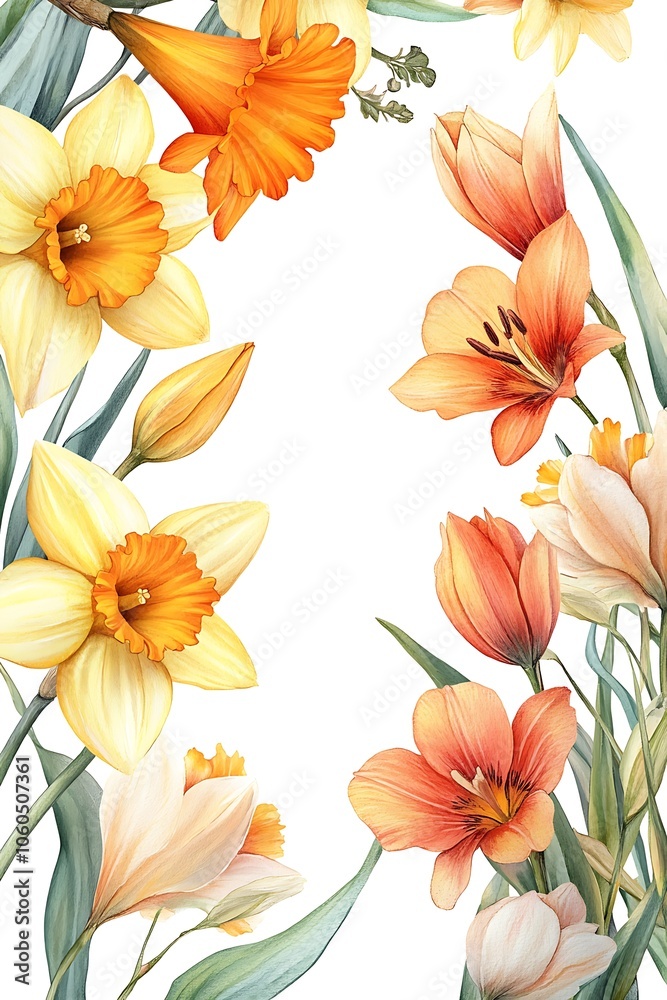 Obraz premium Vibrant floral arrangement featuring daffodils and lilies in soft watercolor style for nature and art lovers