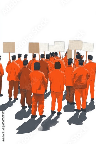 A group of political prisoners protesting inside a prison yard, holding handmade signs, isolated on a white background photo