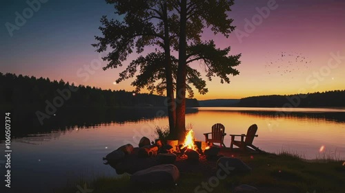 A tranquil evening by the lake with a campfire and cozy chairs under a tree at sunset.Seamless 4k time lapse virtual video animation 