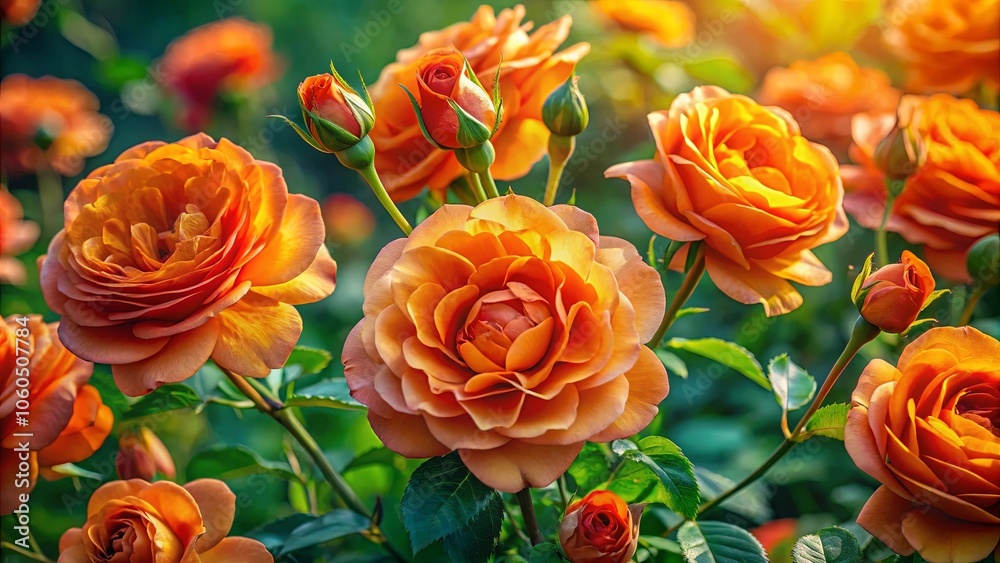 A symphony of vibrant orange roses, bathed in warm sunlight, showcasing the intricate details of each petal and the lush greenery of the foliage. A symphony of vibrant orange roses, bathed in warm sunlight, showcasing the intricate details of each petal and the lush greenery of the foliage.