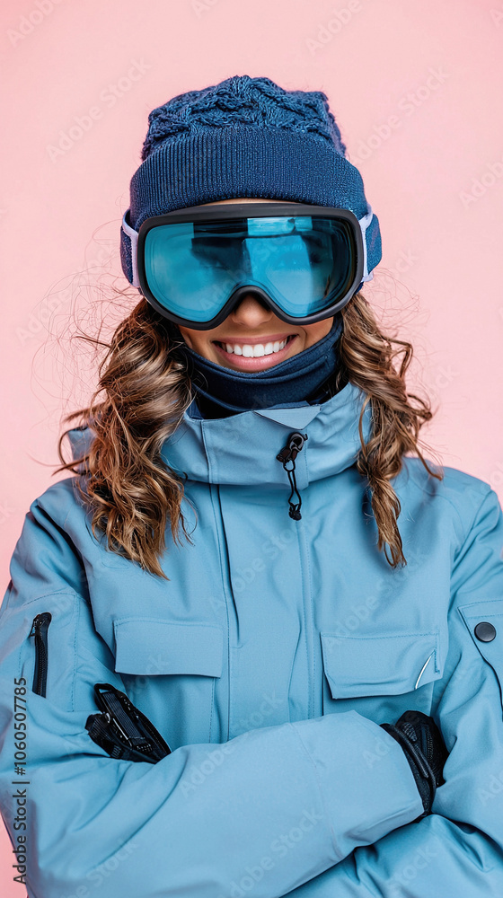 Skier smiling woman 20s wear winter suit goggles mask isolated on vibrant background. Skier smiling woman 20s wear winter suit goggles mask isolated on vibrant background.