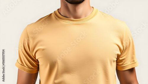 Mockup nude, tan canvas bella t-shirt on guy, png, front view isolated with white highlights, png