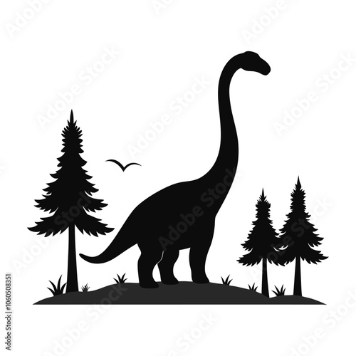 Majestic Brontosaurus vector Silhouette with Trees on White Background