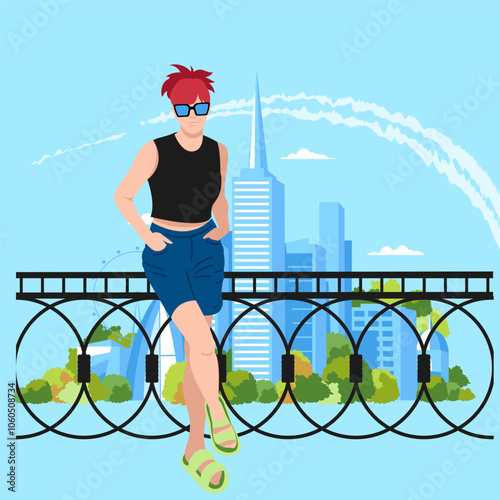 a woman in the background of the city. a girl on vacation. tourist. vector illustration of a woman and an urban landscape