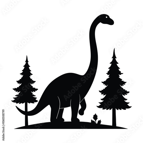 Majestic Brontosaurus vector Silhouette with Trees on White Background