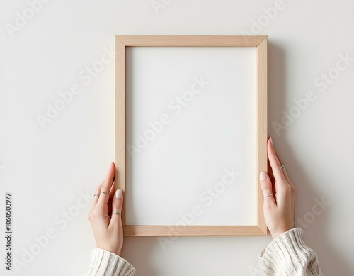 Elegant Light Oak Wooden Frame with Rounded Edges Held by Delicate Hands in Modern Minimalist Setting. Flyer mockup