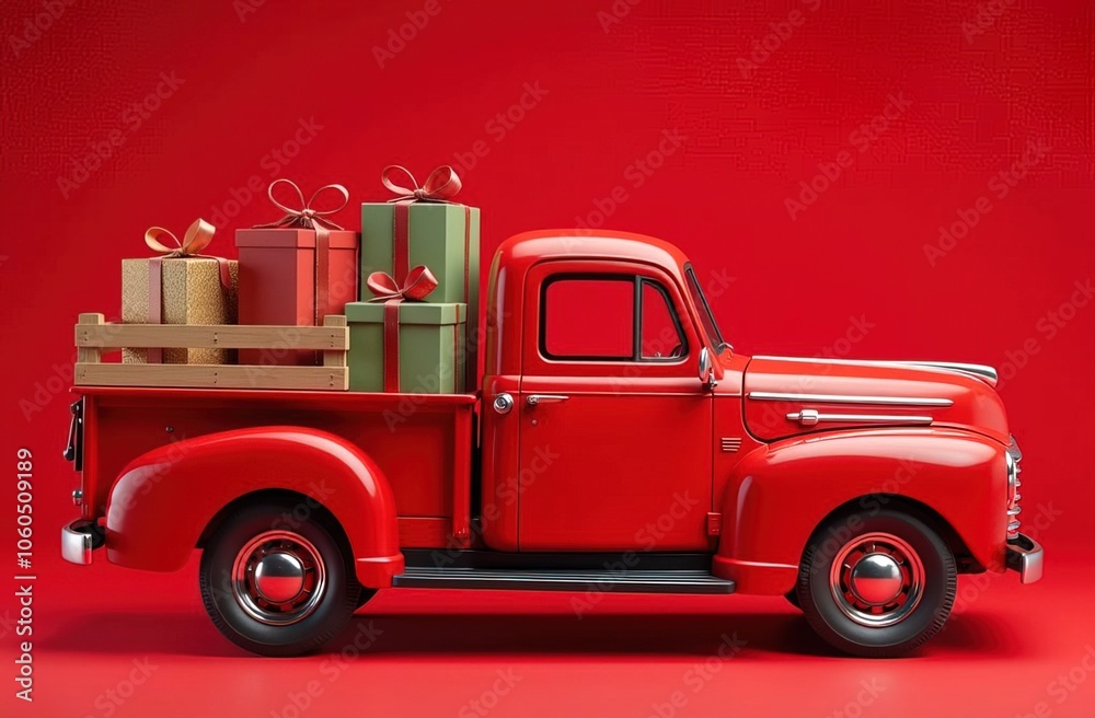 A charming red truck loaded with eco-friendly kraft-wrapped gifts and vibrant presents, ready for delivery, capturing the essence of joyful holiday celebrations and the Christmas and New Year spirit. A charming red truck loaded with eco-friendly kraft-wrapped gifts and vibrant presents, ready for delivery, capturing the essence of joyful holiday celebrations and the Christmas and New Year spirit.