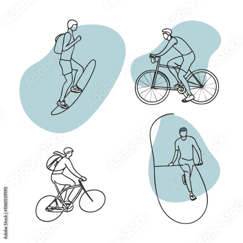 Active Lifestyle: Line art illustration of four people engaged in various active pursuits - surfing, cycling, and parkour. This minimalist design captures the spirit of adventure, exploration.