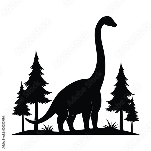 Majestic Brontosaurus vector Silhouette with Trees on White Background