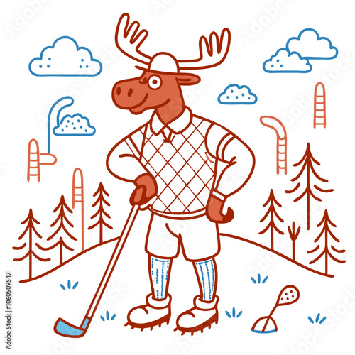 Moose on the Green: A whimsical illustration of a moose golfer, dressed in golfing attire, standing proudly on a golf course with his club.