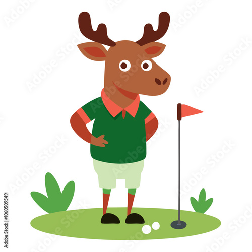 Moose on the Green: A charming illustration of a friendly moose dressed in golf attire, standing proudly on a putting green, ready for a game. Perfect for children's books, websites.