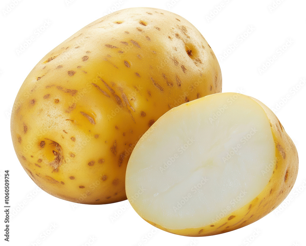 Whole and sliced yellow potato with skin, isolated on transparent background. Whole and sliced yellow potato with skin, isolated on transparent background.