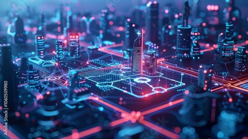 Complex network of interconnected buildings and infrastructure represents a futuristic smart city, integrating cutting edge technology, data analysis, and innovative urban planning