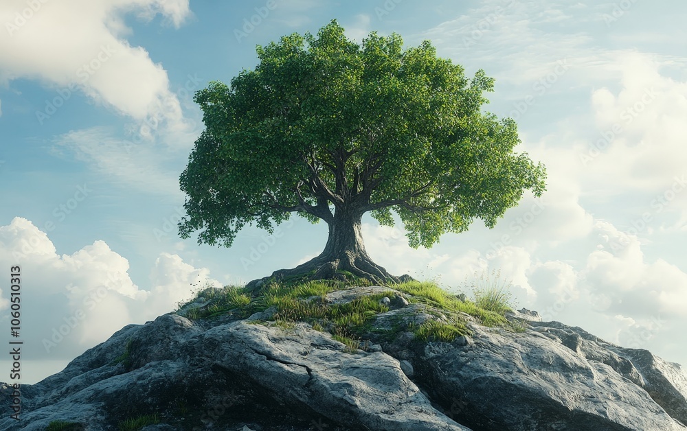 Obraz premium A lone sacred tree on a hilltop, with its roots deeply intertwined with cultural heritage
