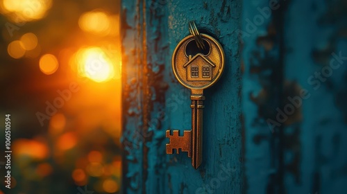 a closeup of a brass key with a houseshaped keychain inserted into a keyhole symbolizing homeownership security and new beginnings highlighted by warm inviting lighting photo