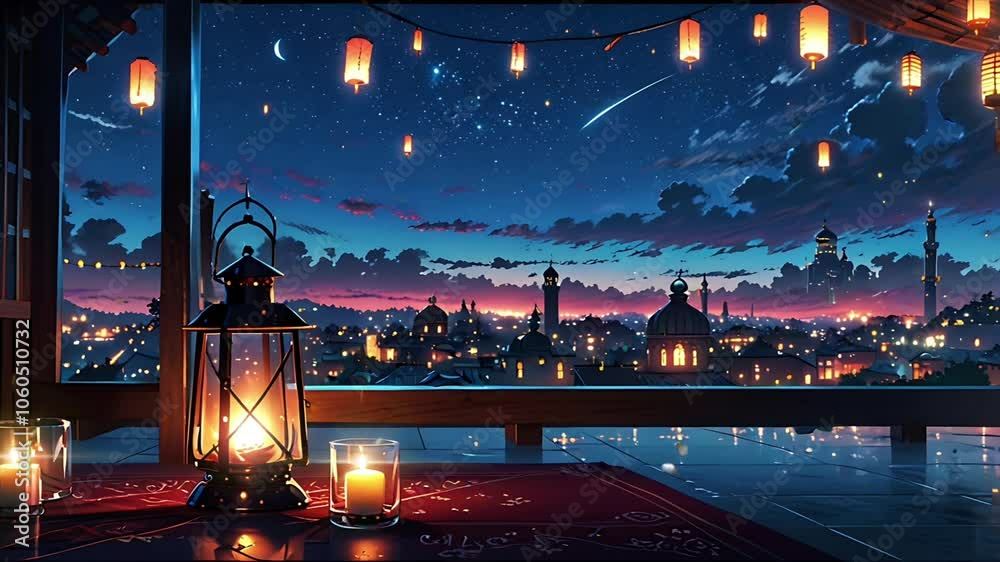 An old lantern lamp with a view of a luxurious and magnificent mosque. Seamless 4K looping timelapse video animation background