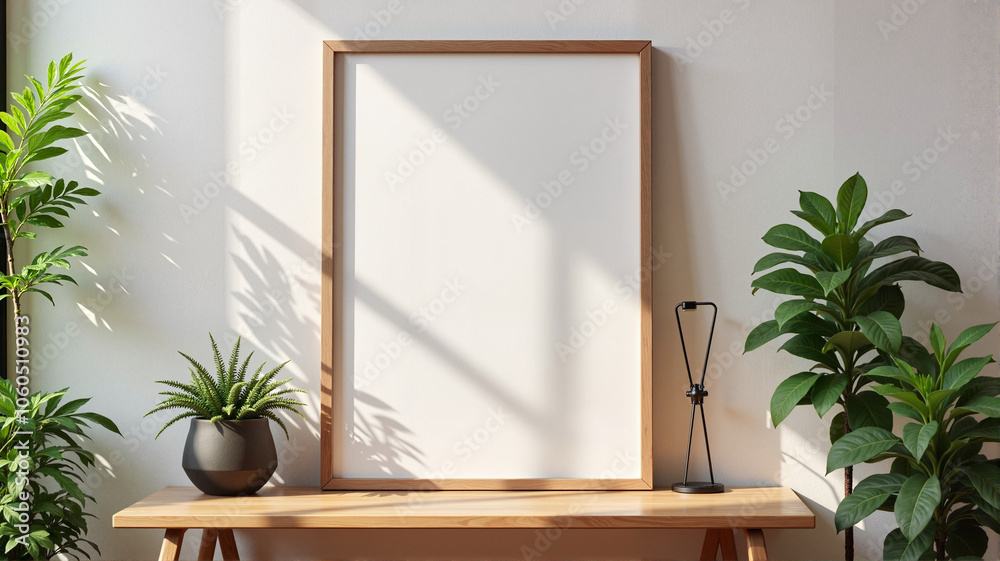 Standing poster on wooden shelf with potted plant Standing poster on wooden shelf with potted plant